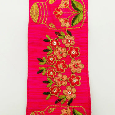 Pink Art Silk Trim With Floral Embroidery & Sequins, Red, Green And Gold Flower Embroidered Trim